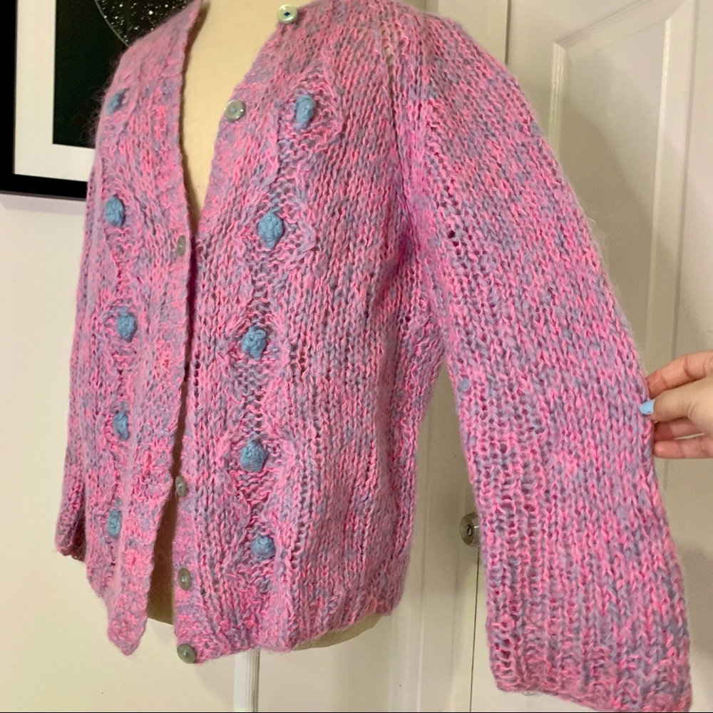 VINTAGE 60’s Italian Mohair Hand Knitted Pink & Gray Cardigan Sweater size Small